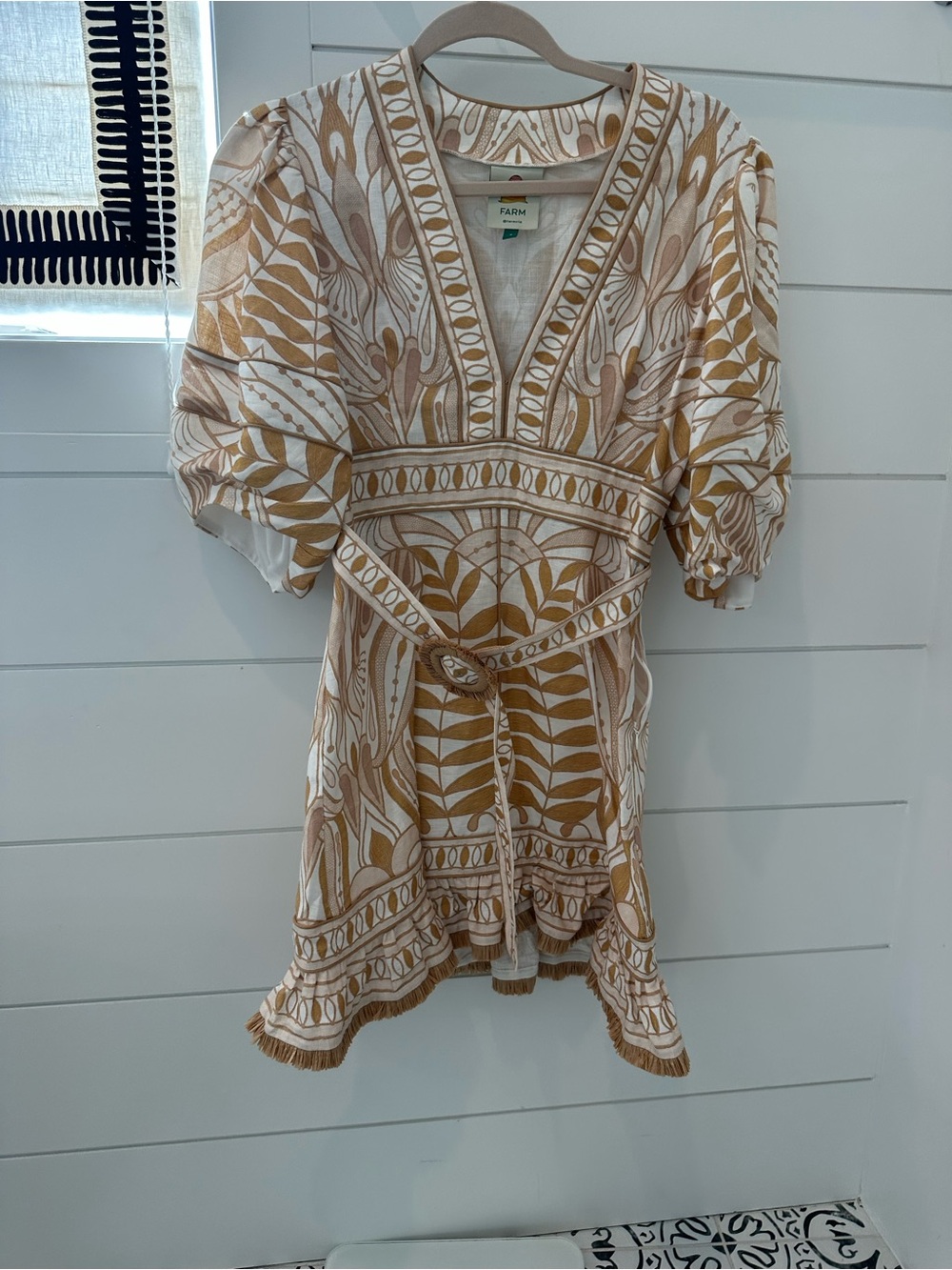 FARM Rio Beige & White Botanical V‑Neck Mini Dress